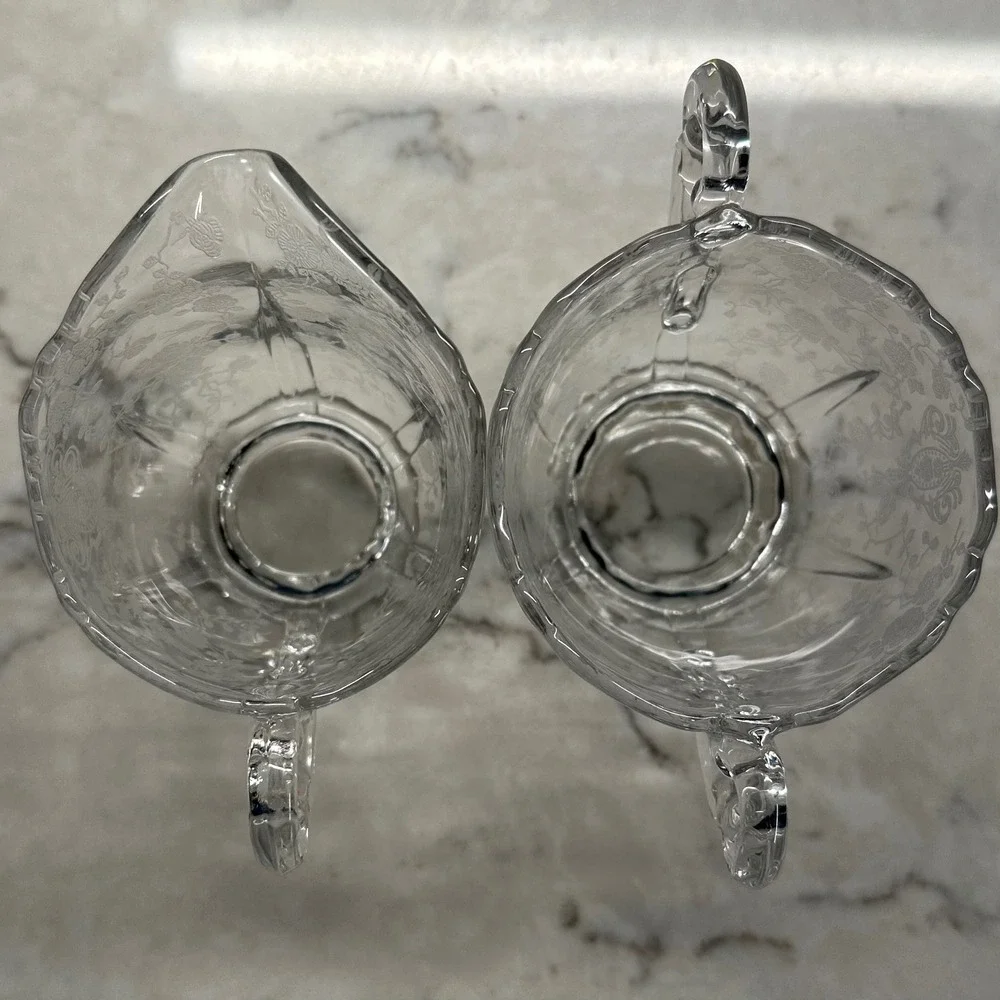 Vintage Cambridge Diane Clear Etched Pressed‎ Glass Sugar Bowl Creamer Set
